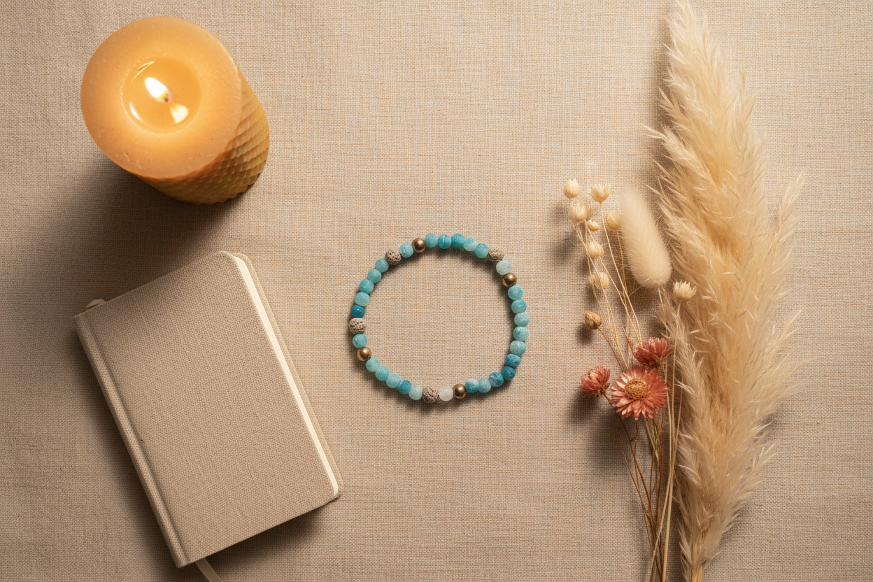 Shadowcurrent Bracelet by Jewellery by JN, featuring striped matte blue agate, grey volcanic rock, and sterling silver beads, arranged in a flat lay on a neutral background."