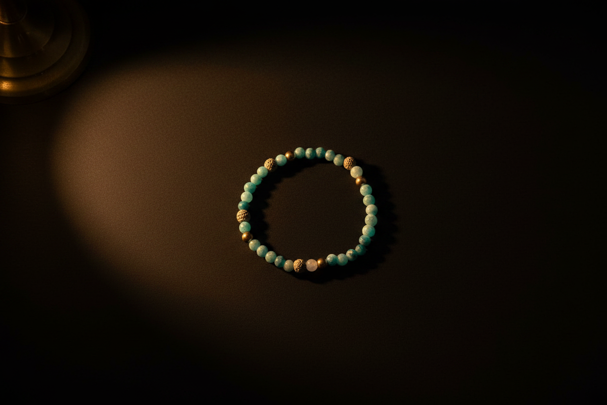 A beaded bracelet with turquoise-blue and cream-colored round beads, arranged in a circle on a dark brown surface under dramatic warm lighting.
