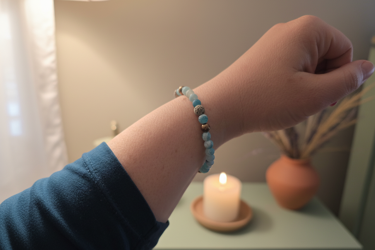 "Woman’s wrist wearing the Shadowcurrent Bracelet by Jewellery by JN, with blue agate, grey volcanic rock, and silver accent beads."