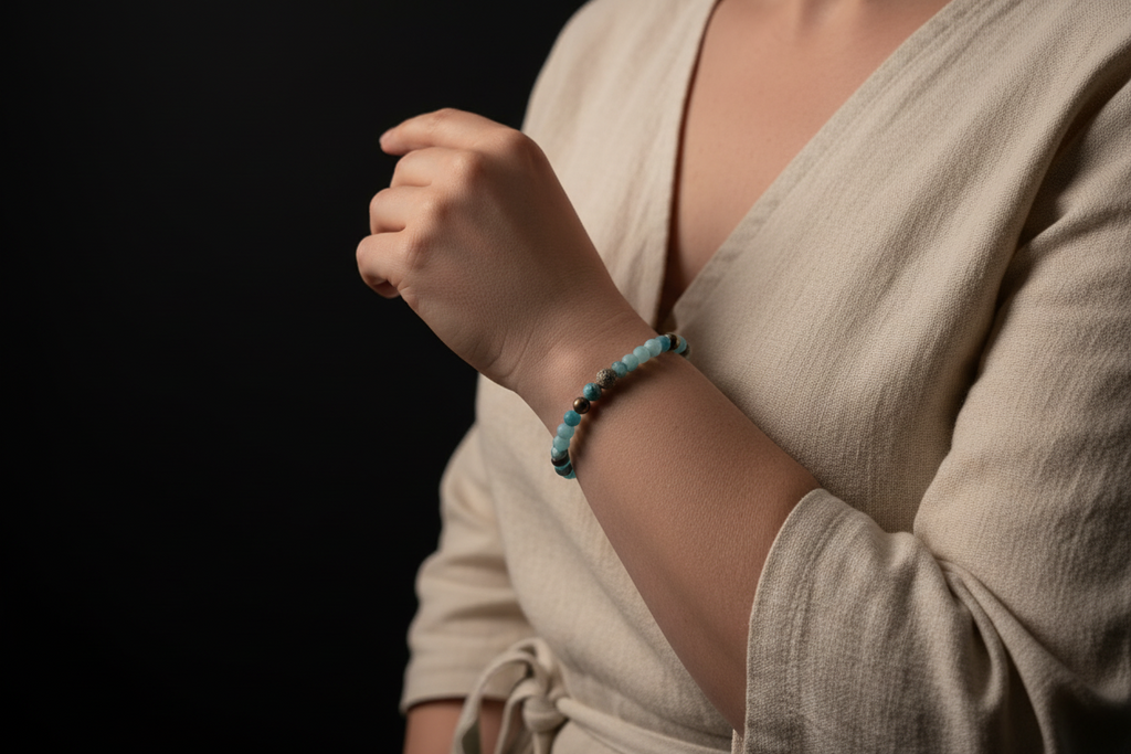 A close-up of a person wearing a beaded bracelet with light blue, turquoise, and dark brown beads, paired with a beige linen wrap dress against a solid black background.