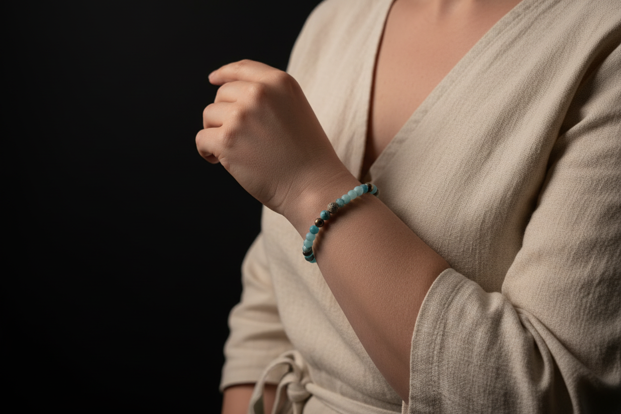 A close-up of a person wearing a beaded bracelet with light blue, turquoise, and dark brown beads, paired with a beige linen wrap dress against a solid black background.