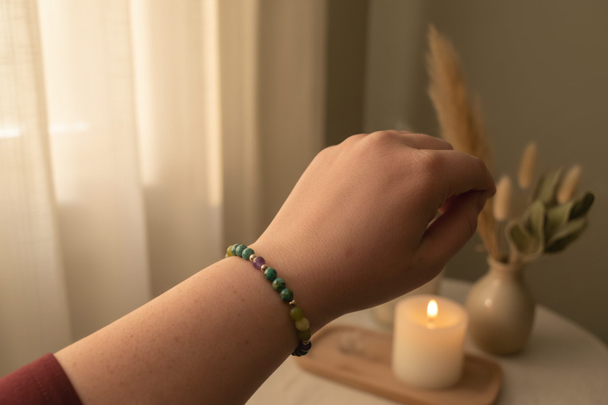 Woman’s wrist wearing the Elder Fire Bracelet by Jewellery by JN, with a mix of colourful gemstones and silver accent beads.