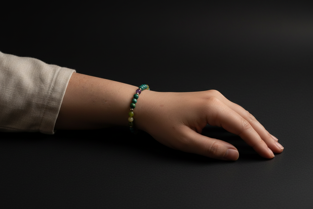 A close-up of a person's hand and wrist wearing a beaded bracelet with green, blue, and yellow beads, set against a solid black background.