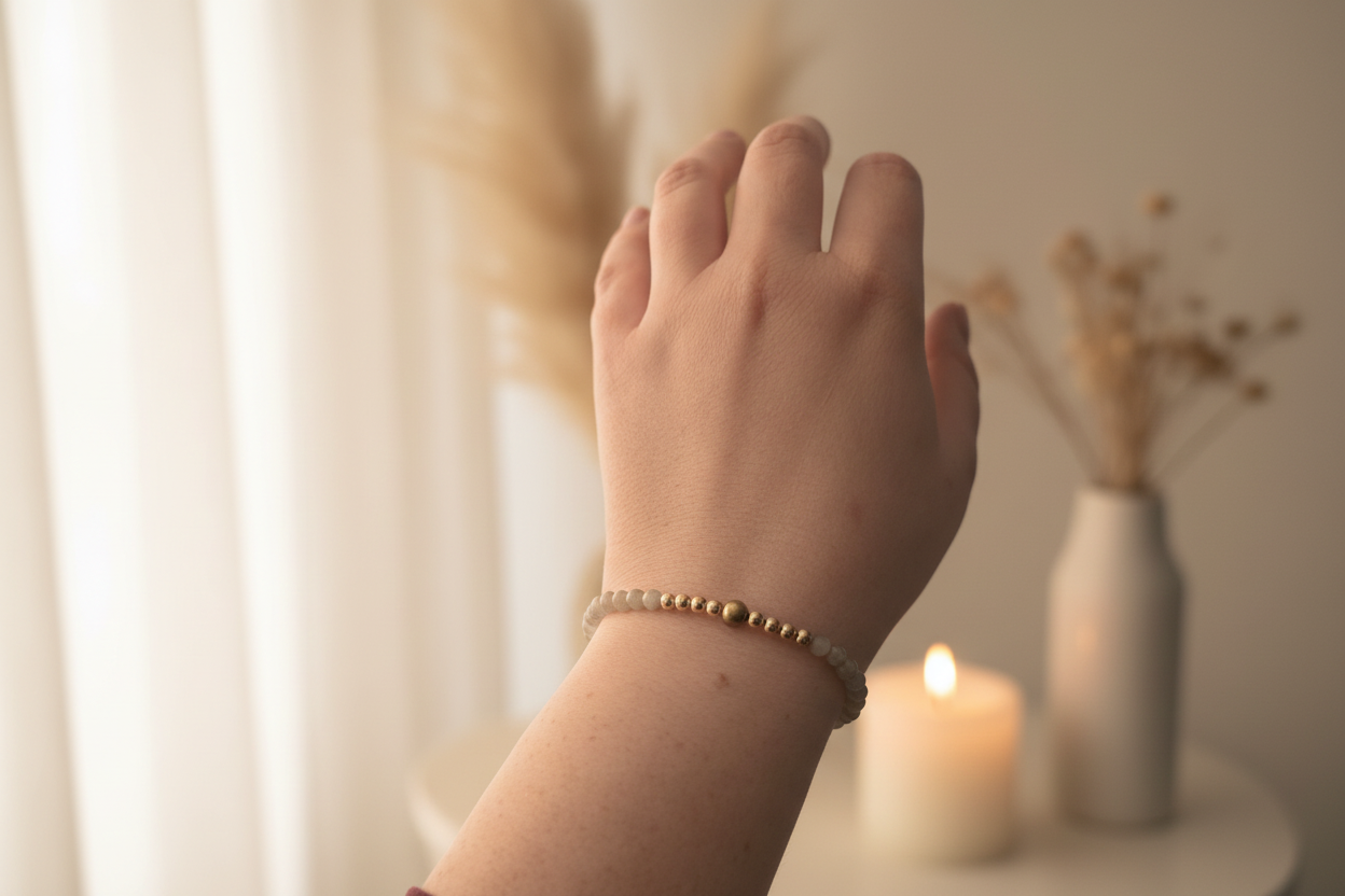 Woman’s wrist wearing the Starveil Bracelet by Jewellery by JN, with labradorite and silver accent beads.