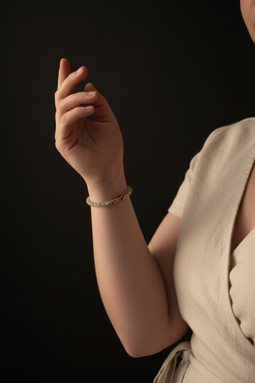 A close-up of a person's hand and arm wearing a delicate beaded bracelet, dressed in a light beige top against a solid black background.