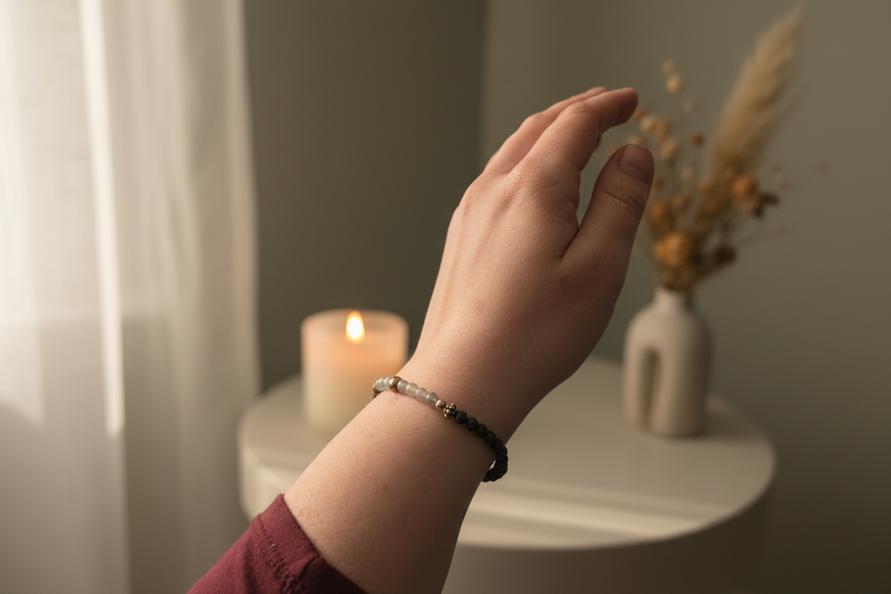 Woman’s wrist wearing the Shadowseer Bracelet by Jewellery by JN, with labradorite, volcanic rock, and silver accent beads.