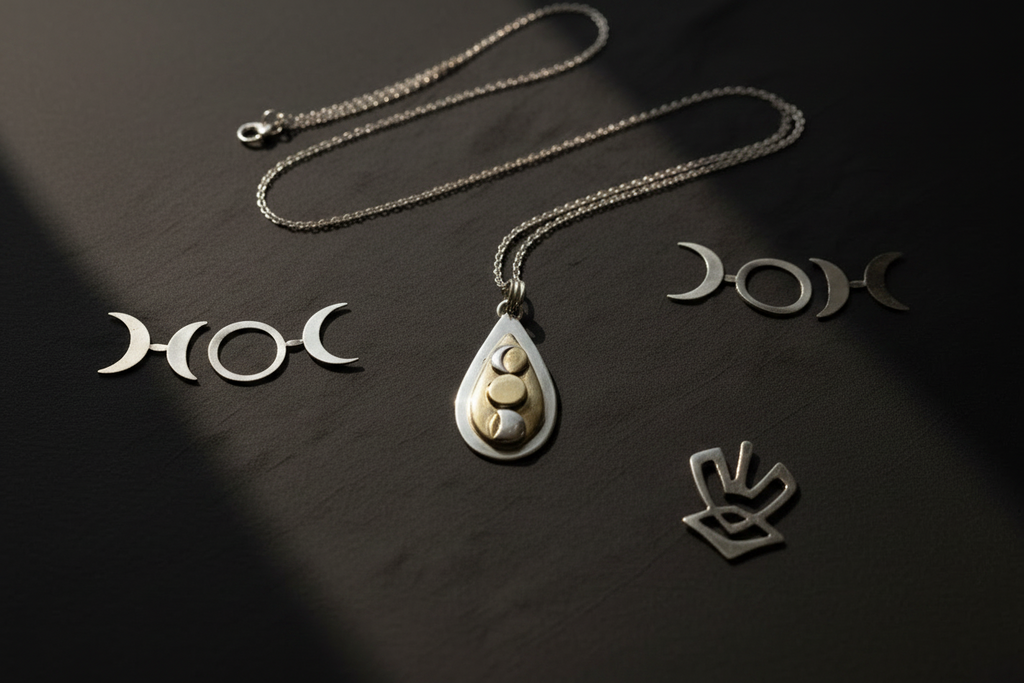A silver-toned teardrop pendant necklace with a gold crescent moon design in the center, displayed on a dark surface alongside matching silver moon and hand-shaped charms.
