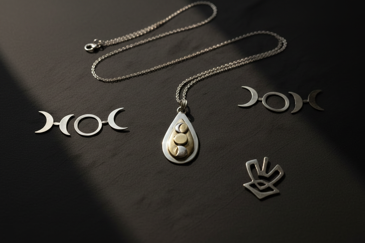 A silver-toned teardrop pendant necklace with a gold crescent moon design in the center, displayed on a dark surface alongside matching silver moon and hand-shaped charms.
