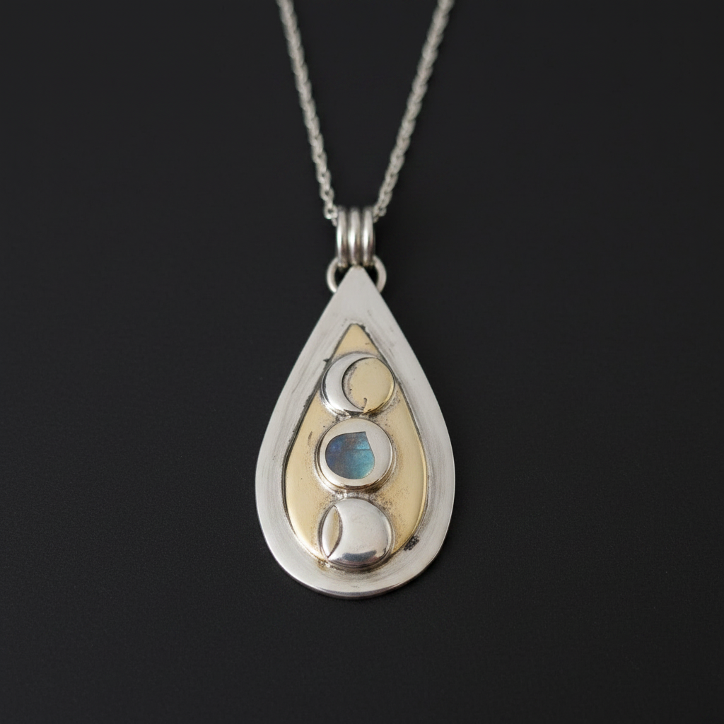 A teardrop-shaped silver pendant necklace featuring a gold inlay and three moon phases set in silver and light blue, suspended from a silver chain against a dark background.