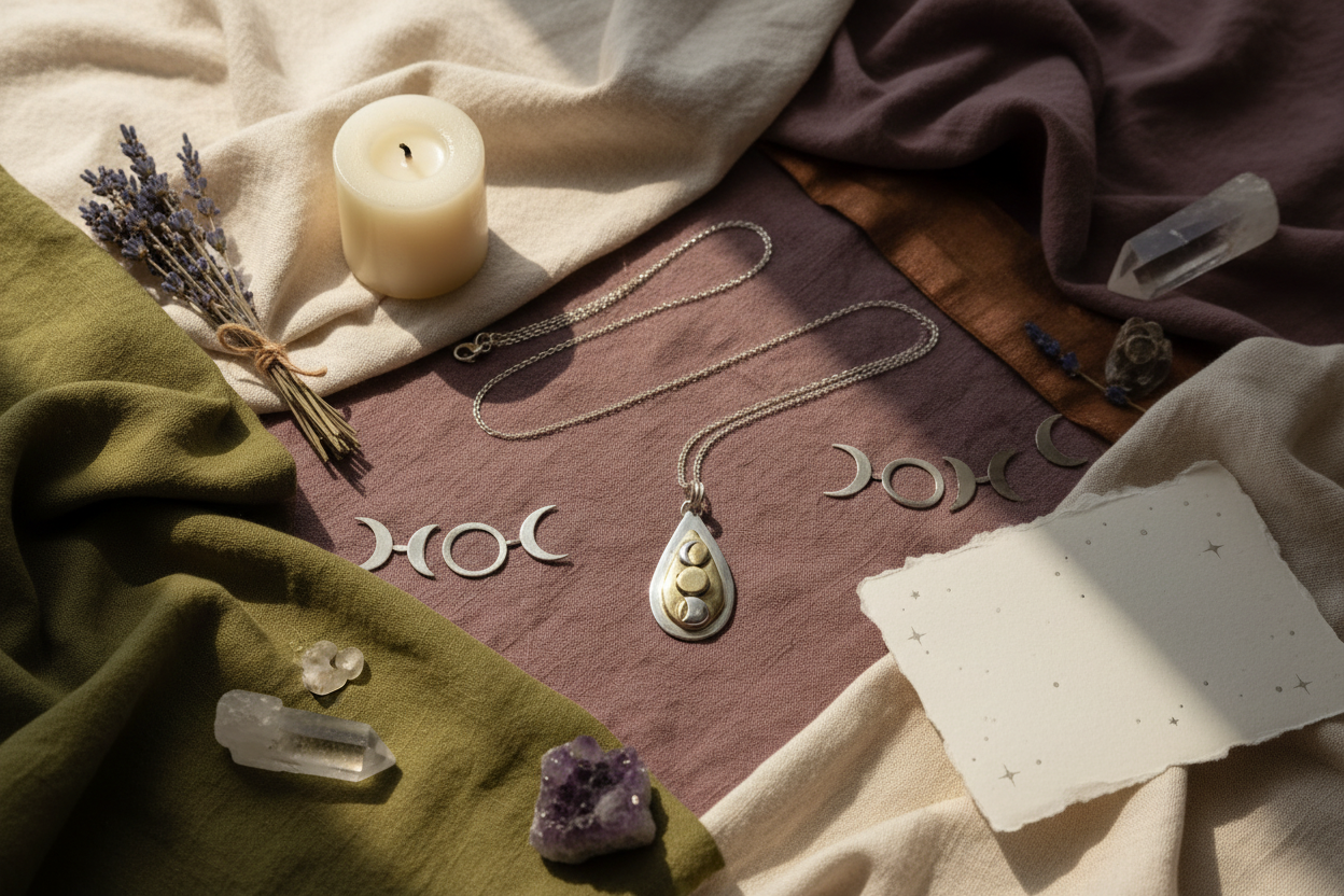 Necklace with moon symbols, crystal, and candle on a textured surface