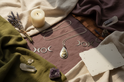 Necklace with moon symbols, crystal, and candle on a textured surface
