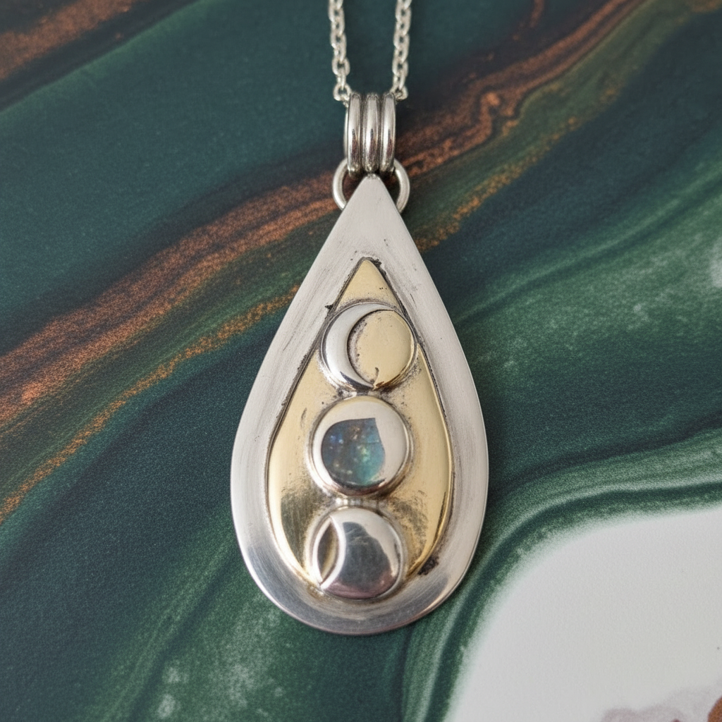 Teardrop-shaped pendant with gold and silver design on a green marbled background