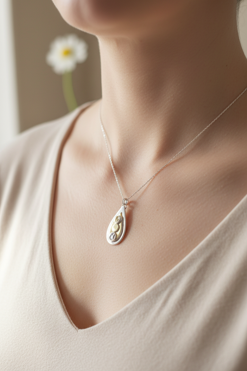 Necklace with a pendant worn by a person, with a blurred background of a flower.