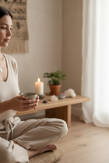 Woman sitting on a mat holding a mug in a room with a candle and plants.