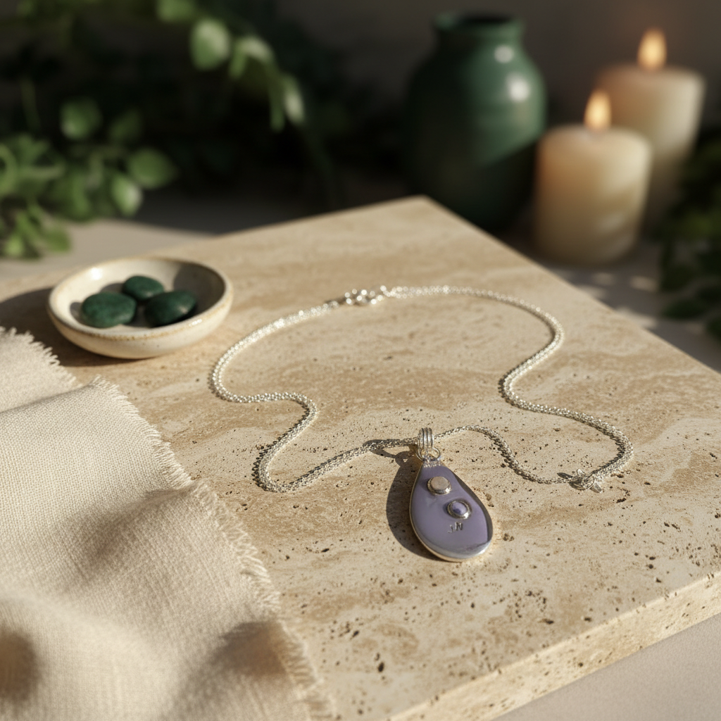 Necklace with a purple pendant on a stone surface with candles and plants in the background