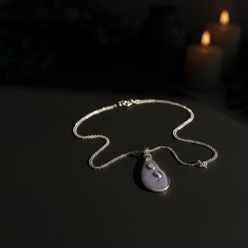 A silver chain necklace with a teardrop-shaped pendant made of pale lavender-gray stone, displayed on a dark surface with softly blurred candles in the background.