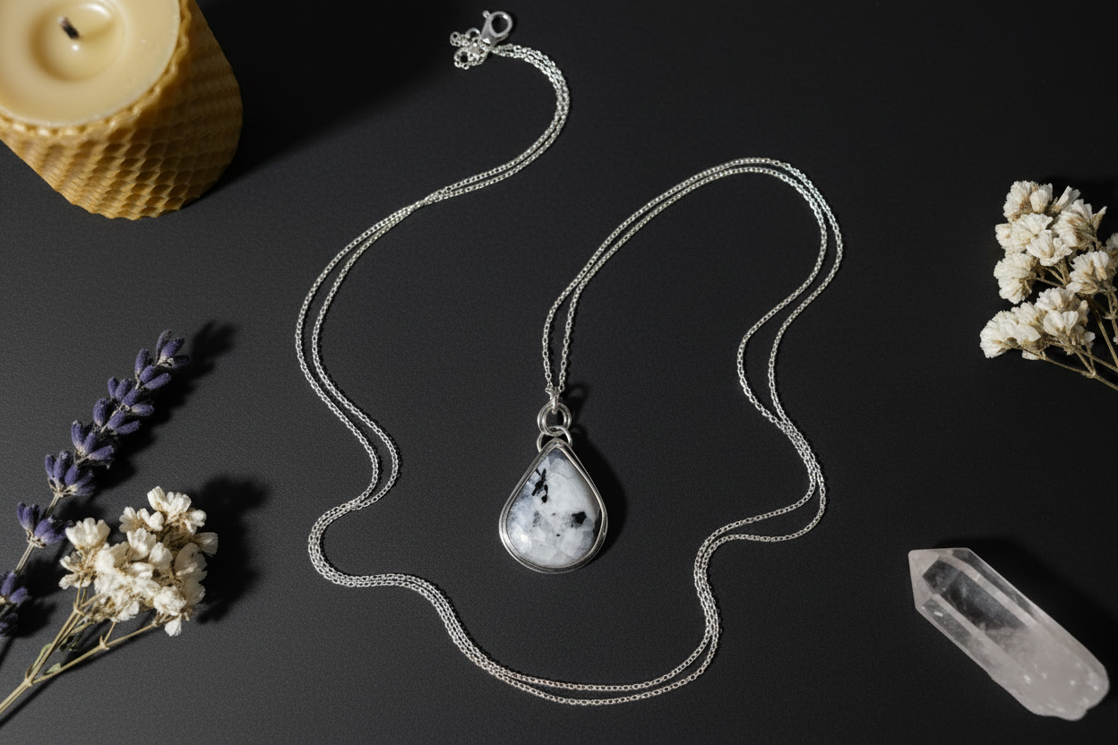 A silver-toned chain necklace with a teardrop pendant featuring a black and white marbled stone, styled on a dark background with dried flowers, a candle, and a crystal.