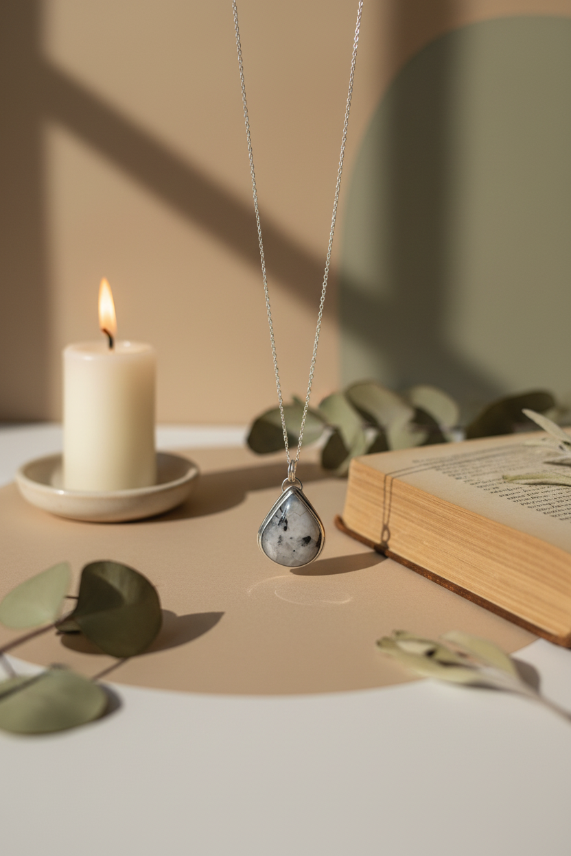 Necklace with a pendant on a table with a candle and book