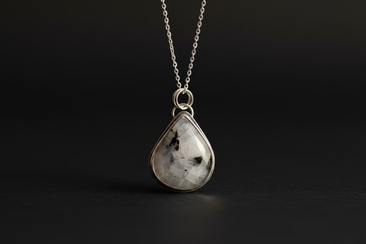 A silver teardrop pendant necklace featuring a polished black-and-white marbled stone, suspended from a delicate silver chain against a dark background.