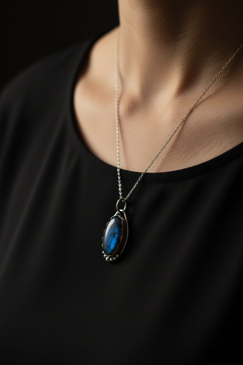 A close-up of a person wearing a silver chain necklace with an oval pendant featuring a vibrant blue iridescent stone, set against a black top and dark background.