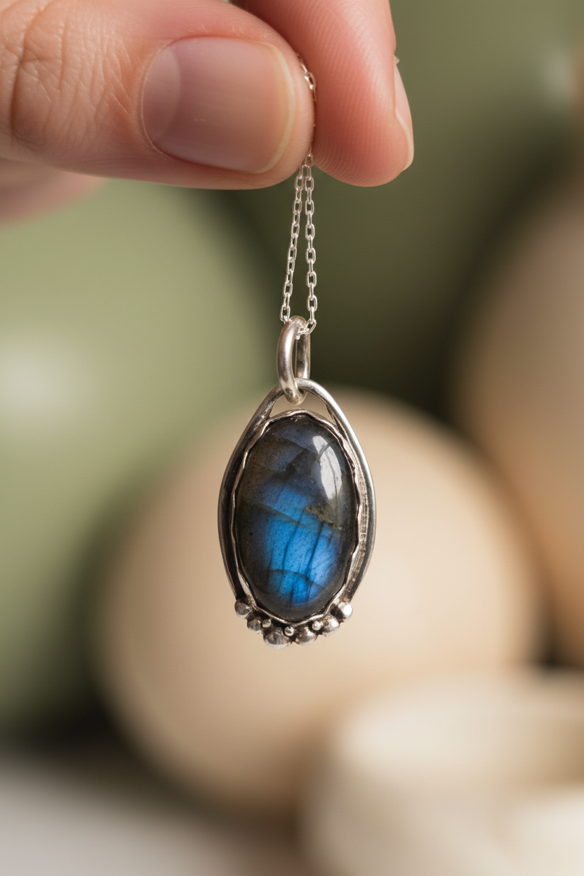 Silver pendant with a blue stone held by a hand against a blurred natural background