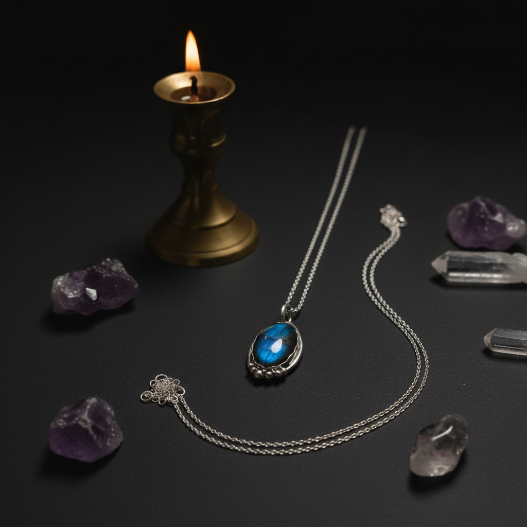 A silver chain necklace with an oval blue gemstone pendant, displayed on a dark surface alongside purple crystals, a lit brass candlestick, and clear crystal points.