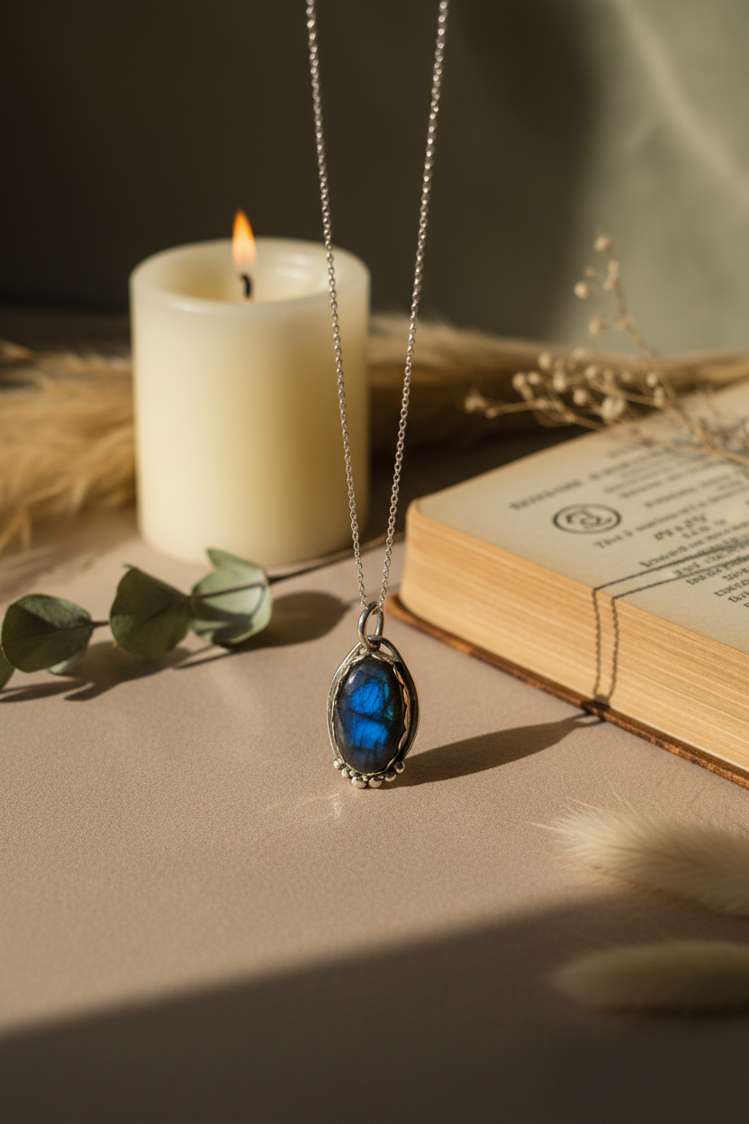 Necklace with a blue pendant on a surface with a candle and book in the background