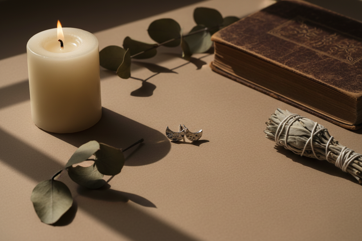 Candle, earrings, and a book on a textured surface with green leaves.
