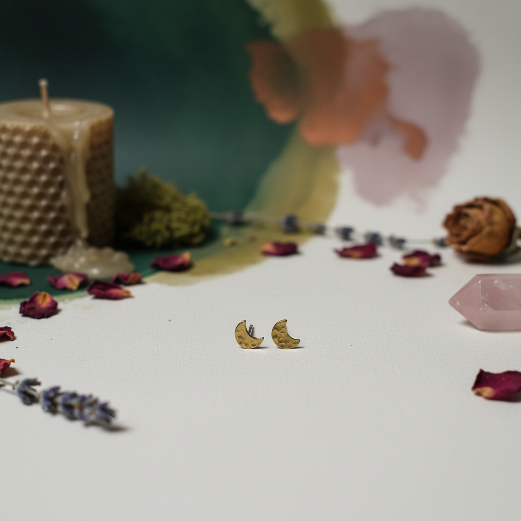Pair of gold moon-shaped earrings on a surface with dried flowers and a candle in the background.