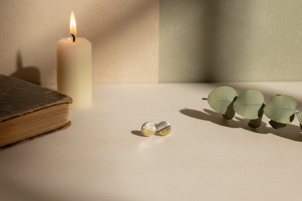 Gold earrings on a surface with a candle and green leaves in the background