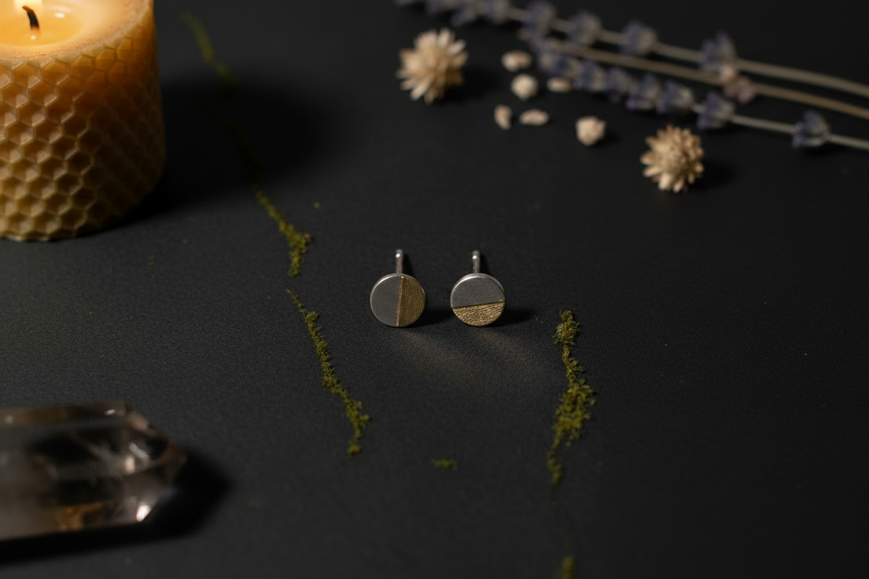 A pair of small round stud earrings with a split silver-tone and gold-tone design, displayed on a dark textured surface with a lit candle, dried flowers, and moss as props.