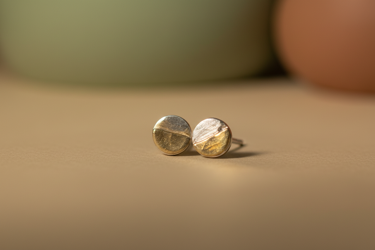 Gold stud earrings on a beige surface with a blurred background