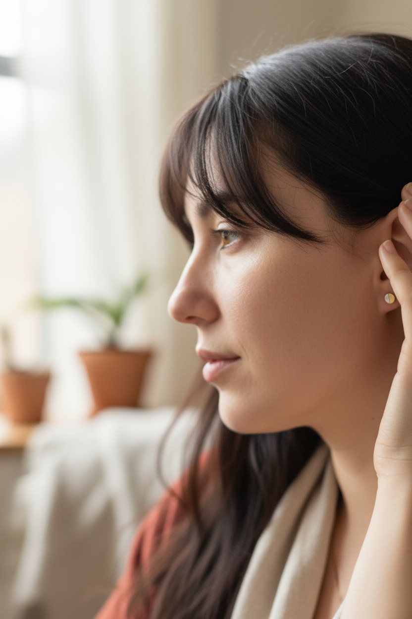 Close-up of an ear with a small earring against a blurred background