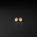 A pair of small gold and silver stud earrings with a circular disc design, displayed on a dark textured surface.
