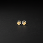 A pair of small gold and silver stud earrings with a circular disc design, displayed on a dark textured surface.