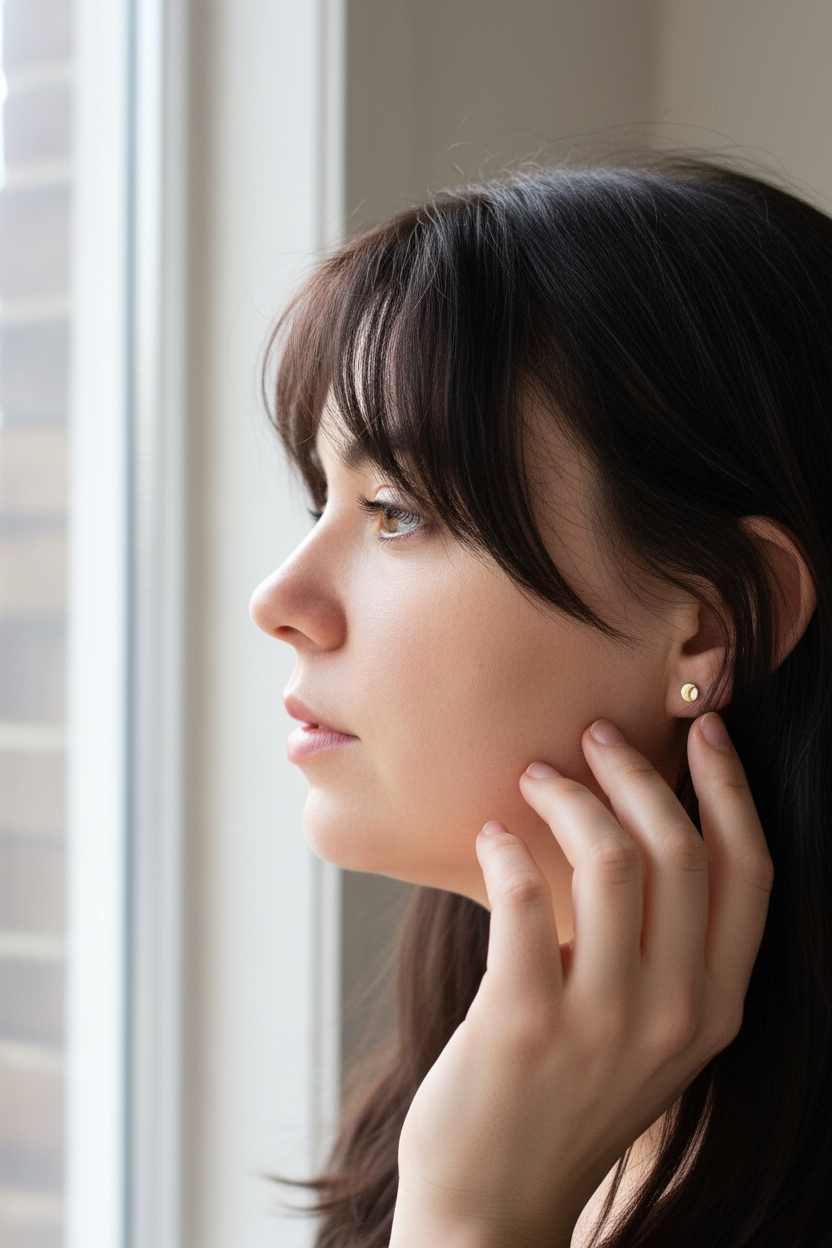 Woman adjusting her earring in front of a window