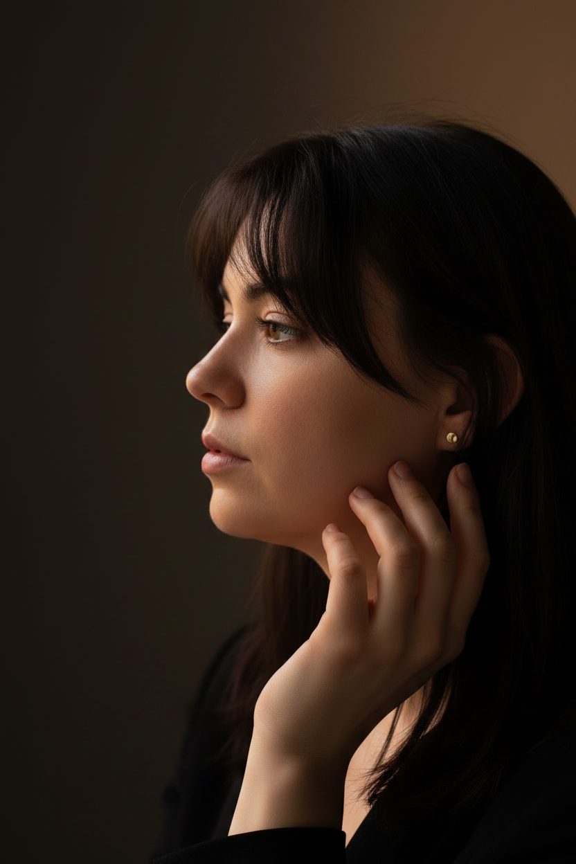 A woman in profile wearing a small gold stud earring, with her hand resting near her face against a dark brown background.