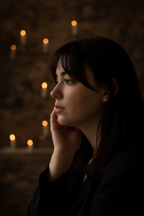 A woman in a black blazer shown in profile against a dark, warm background with blurred candlelight bokeh.