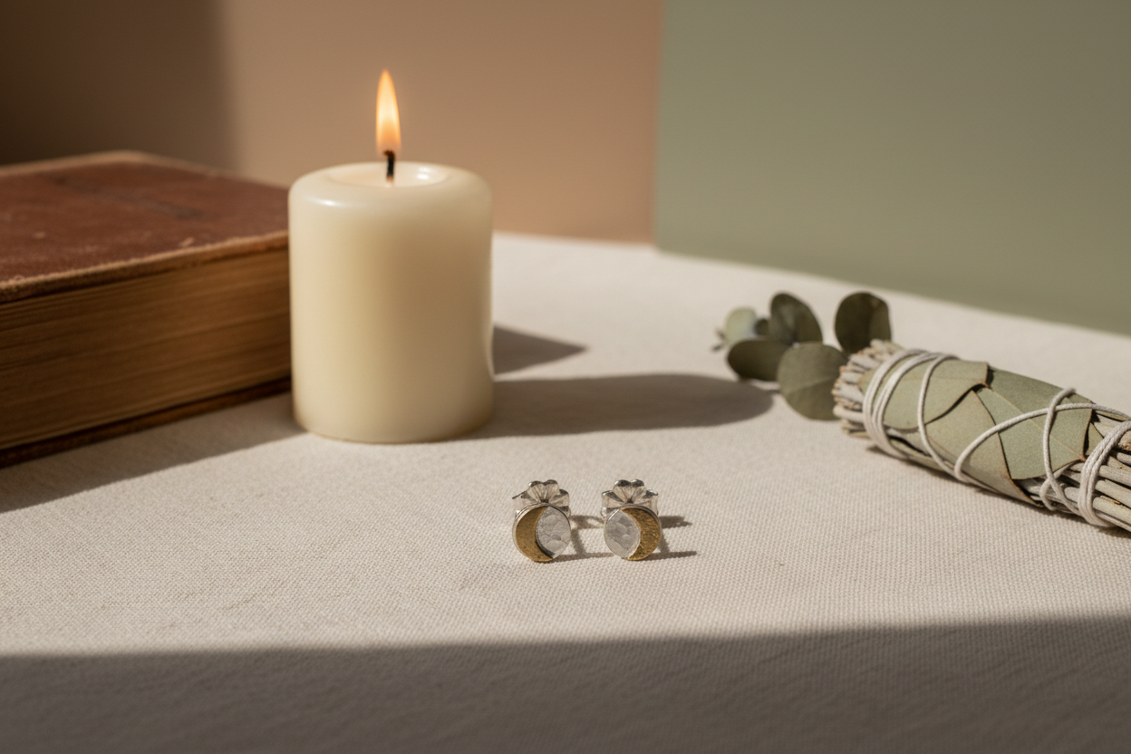 Pair of silver and gold round stud earrings on a light gray background