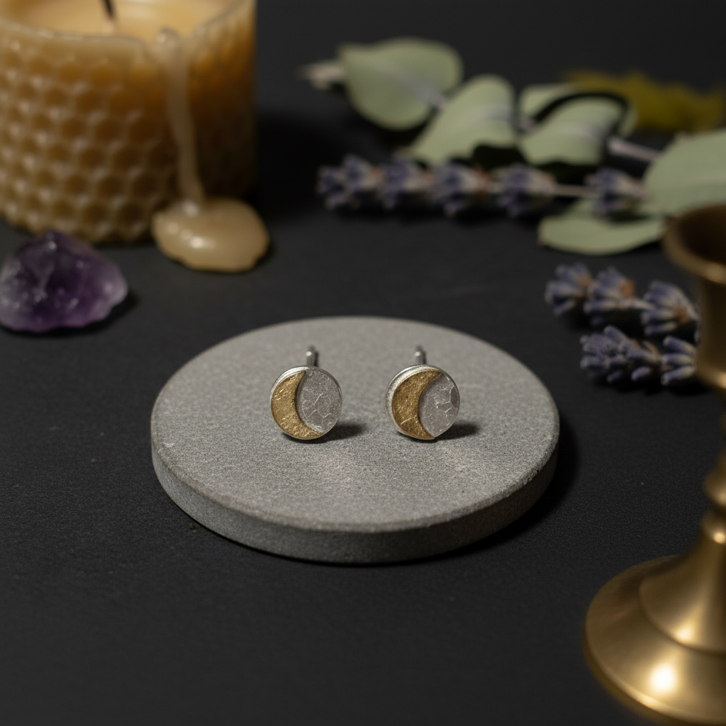 A pair of crescent moon stud earrings displayed on a round gray stone coaster, surrounded by a honeycomb candle, lavender sprigs, a purple crystal, and a brass candlestick on a dark background.