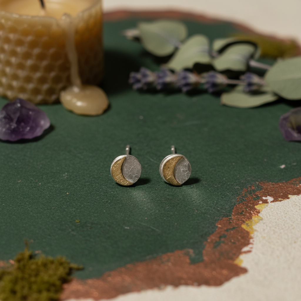 Pair of silver and gold half-circle stud earrings on a light gray background
