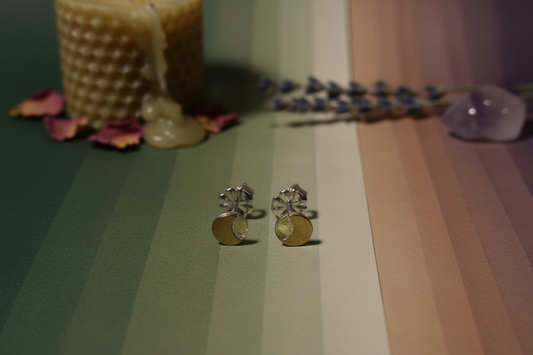 Pair of silver earrings with circular ends on a light gray background