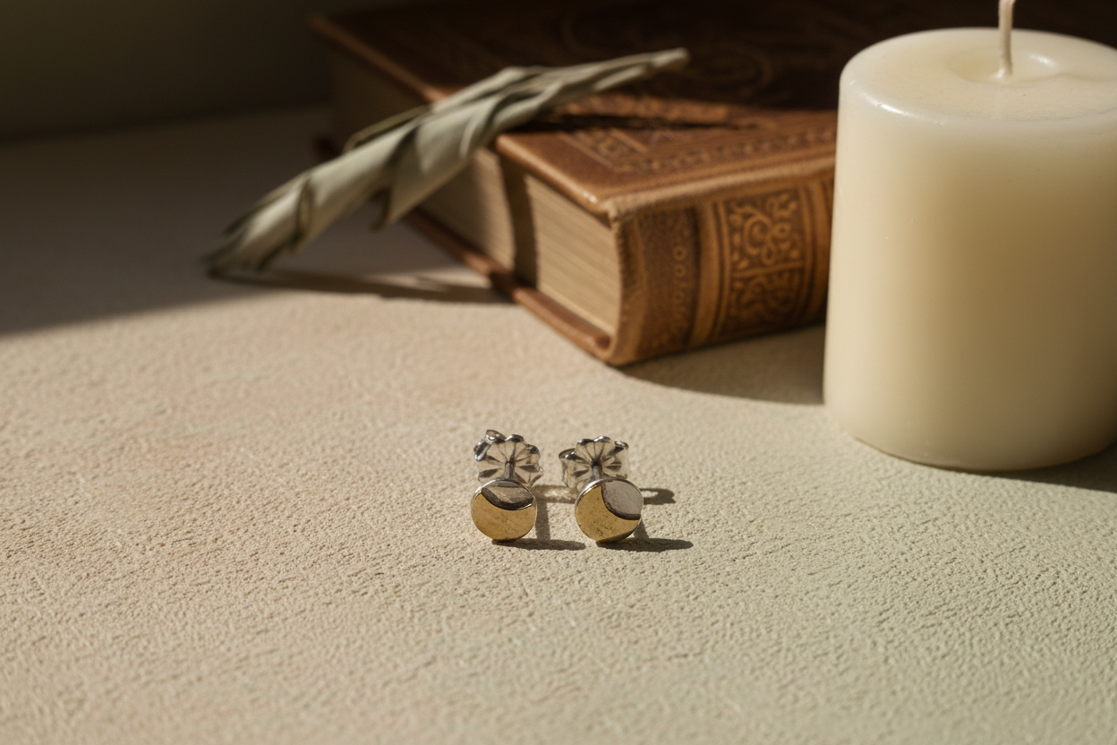 Pair of silver and gold stud earrings on a light gray background