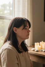 Woman sitting by a window with candles on a table in the background