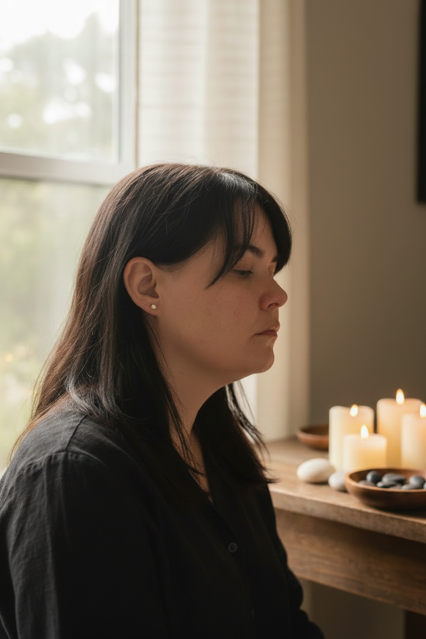 A woman with dark hair sits in profile in a softly lit room, wearing a black top. A wooden table beside her holds lit white candles and small white stones.
