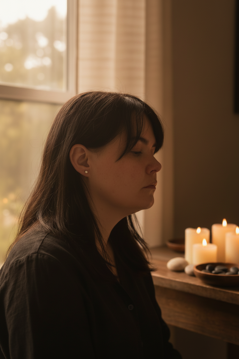 A woman in a black shirt sits in profile in a warmly lit room with candles on a table beside a window.