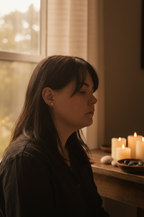 A woman in a black shirt sits in profile in a warmly lit room with candles on a table beside a window.