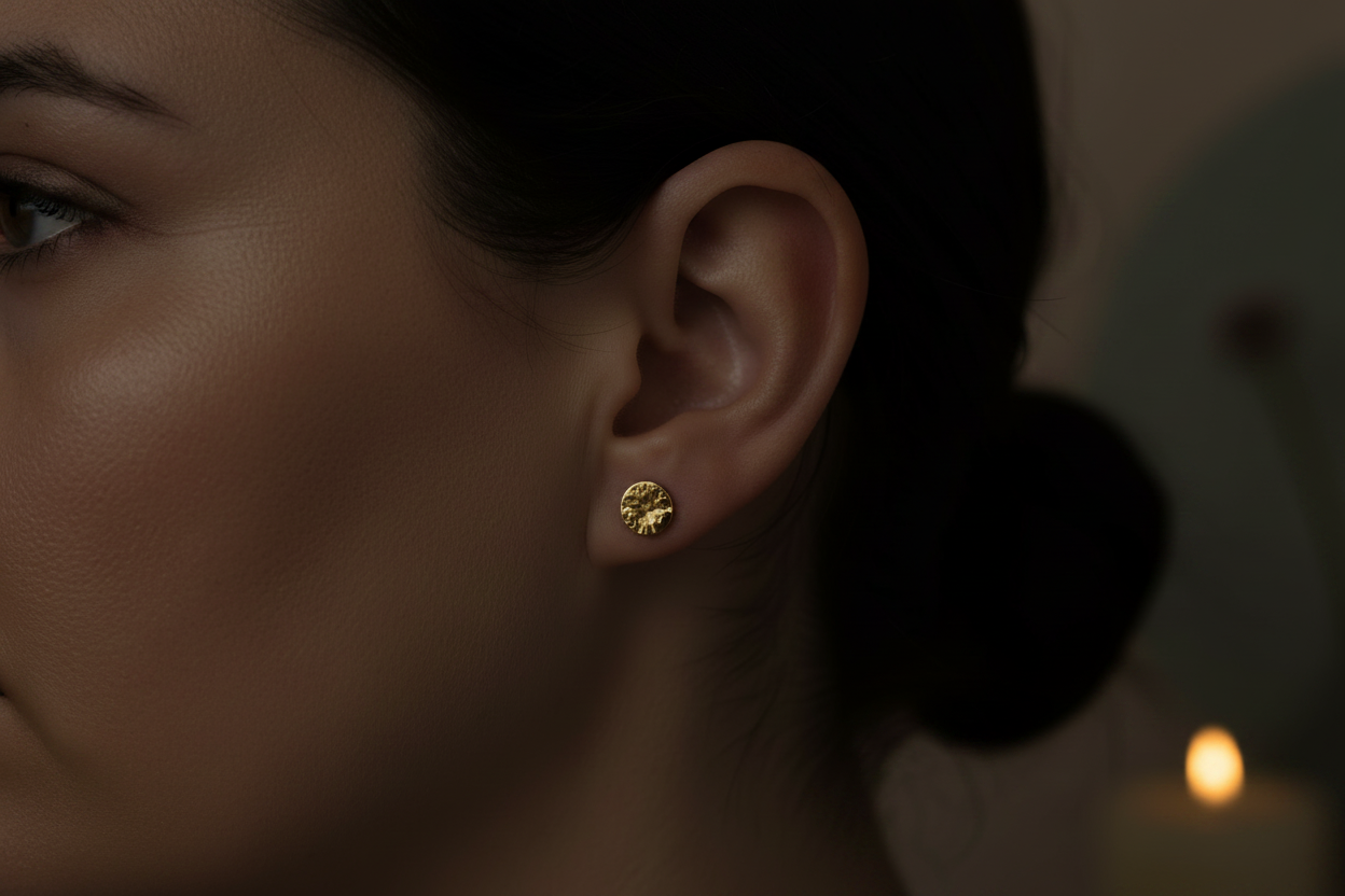 A close-up of a woman's ear wearing a small textured gold stud earring in a dimly lit setting with a blurred candle in the background.