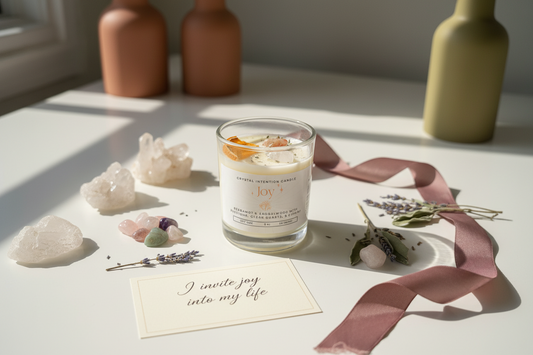 Joy Intention Candle by Jewellery by JN, hand-poured candle with Sunstone, Clear Quartz, and Citrine crystals, dried orange slices and lemon balm, displayed on creamy linen with ritual props.