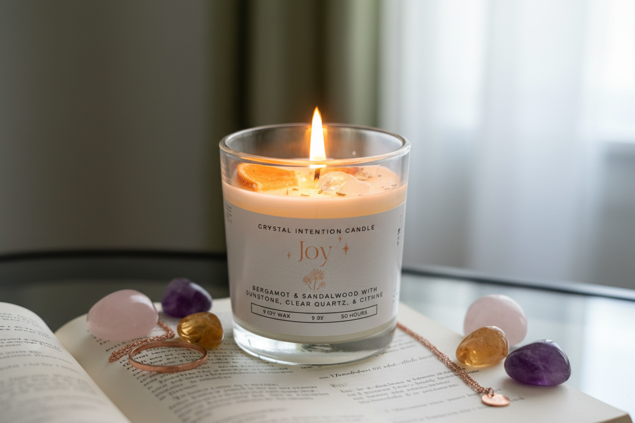 Joy Intention Candle by Jewellery by JN, lit with glowing flame, showing crystals and botanicals embedded in wax.